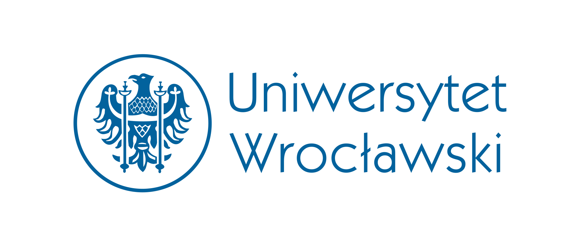 Logo for the University of Wrocław with the words "Uniwersytet Wrocławski" and an eagle shield, both in light blue on a white background