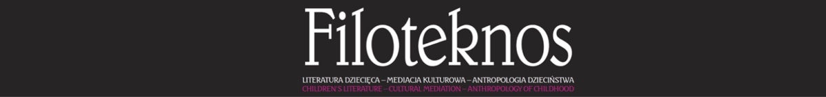 Logo with the name "Filoteknos" in large white letters followed by "LITERATURA DZIECIECA - MEDIACIA KULTUROWA - ANTROPOLOGIA DZIECINSTWA" in small white letters and "CHILDREN'S LITERATURE - CULTURAL MEDIATION - ANTHROPOLOGY OF CHILDHOOD" in small pink letters