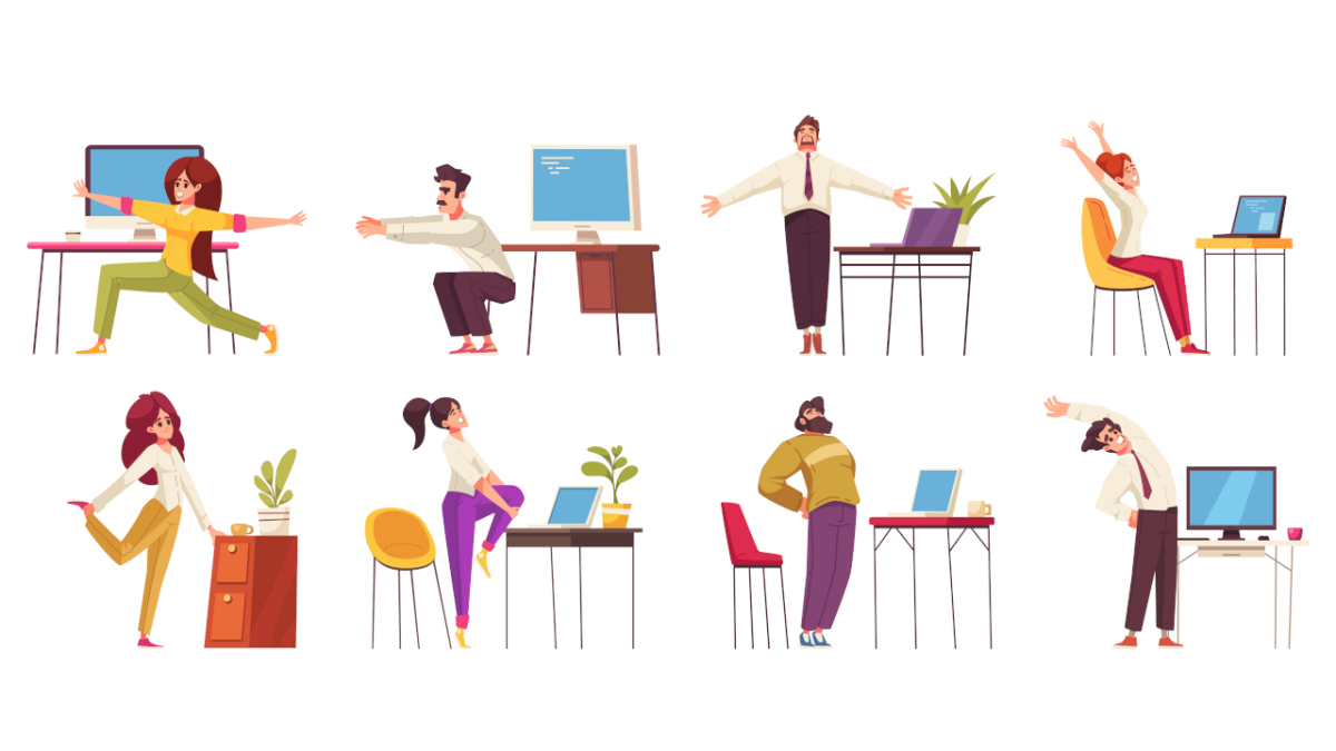 Acht Zeichnungen von Personen am Arbeitsplatz, die unterschiedliche Dehnungs- und Bewegungsübungen durchführen.