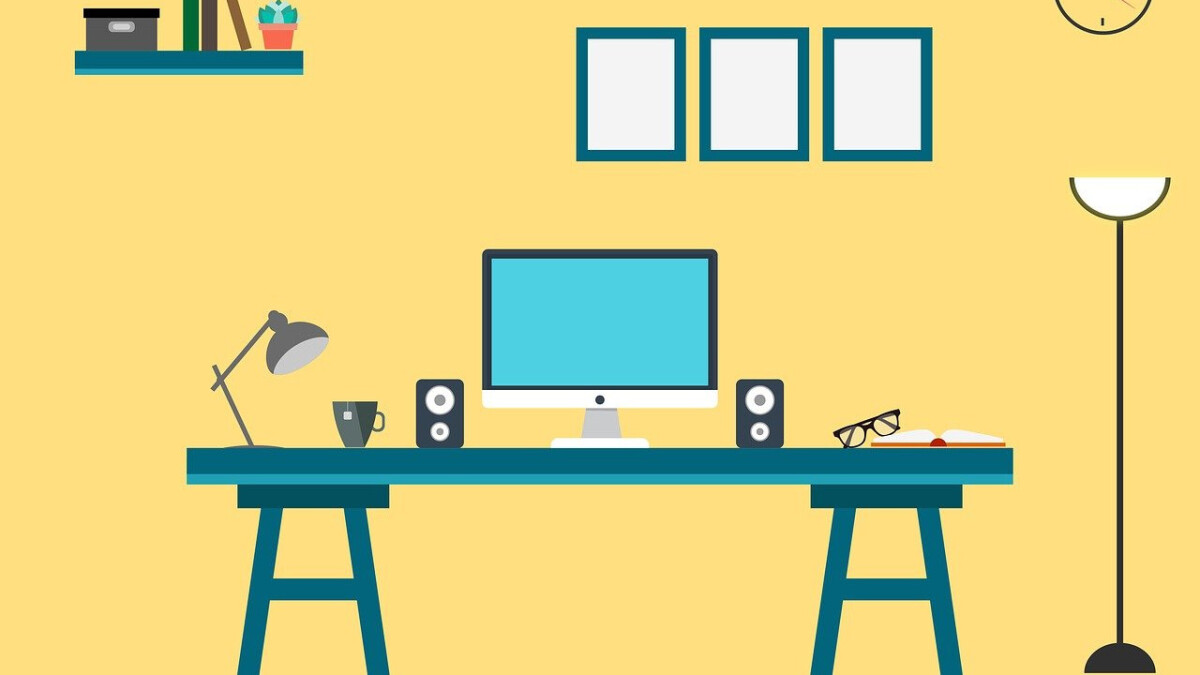 Zeichnung eines Arbeitsplatzes mit Tisch, Bildschirm und Lautsprechern.