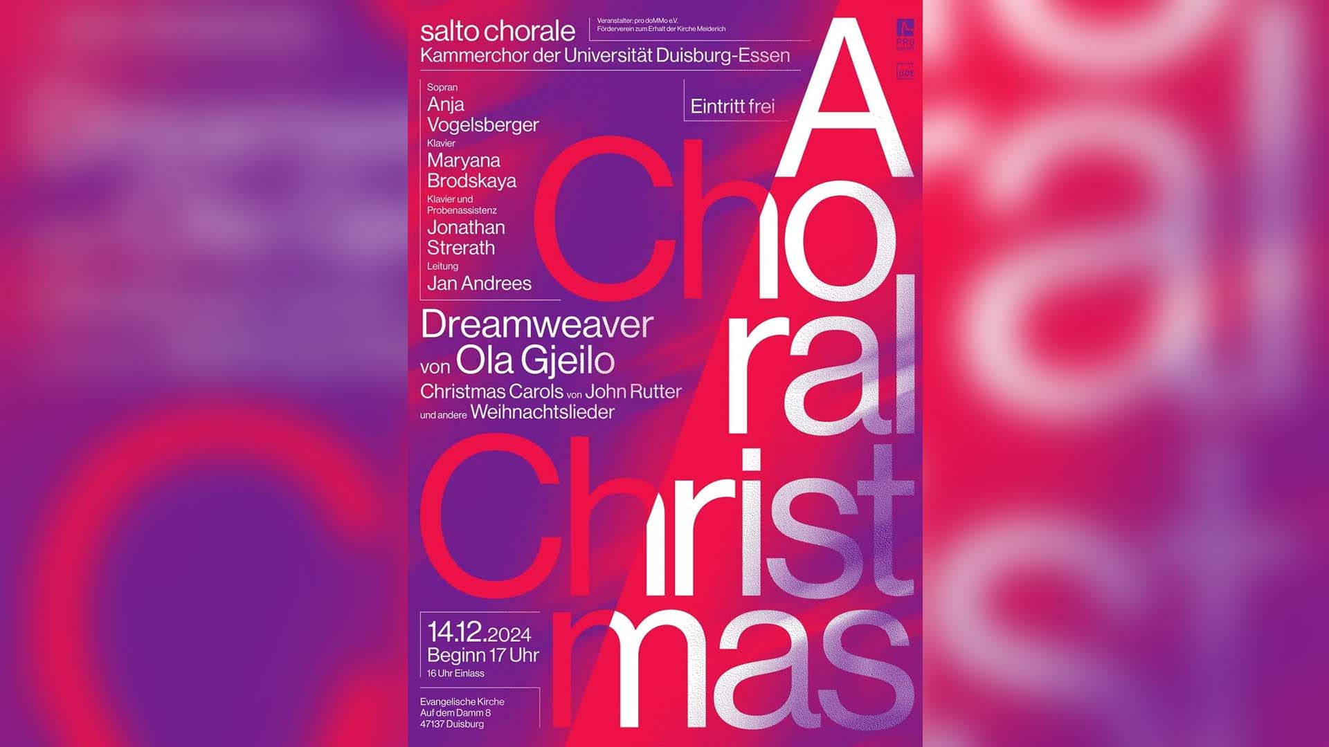 Plakat mit Schrift: U.a. Sporan Anja Vogelsberger, Klavier Maryana Bordskaya, Klavier und Probenassistenz Jonathan Strerath, Leitung Jan Andrees, Dreamweaver von Ola Gjeilo, Christmas Carols von John Rutter und andere Weihnachtslieder