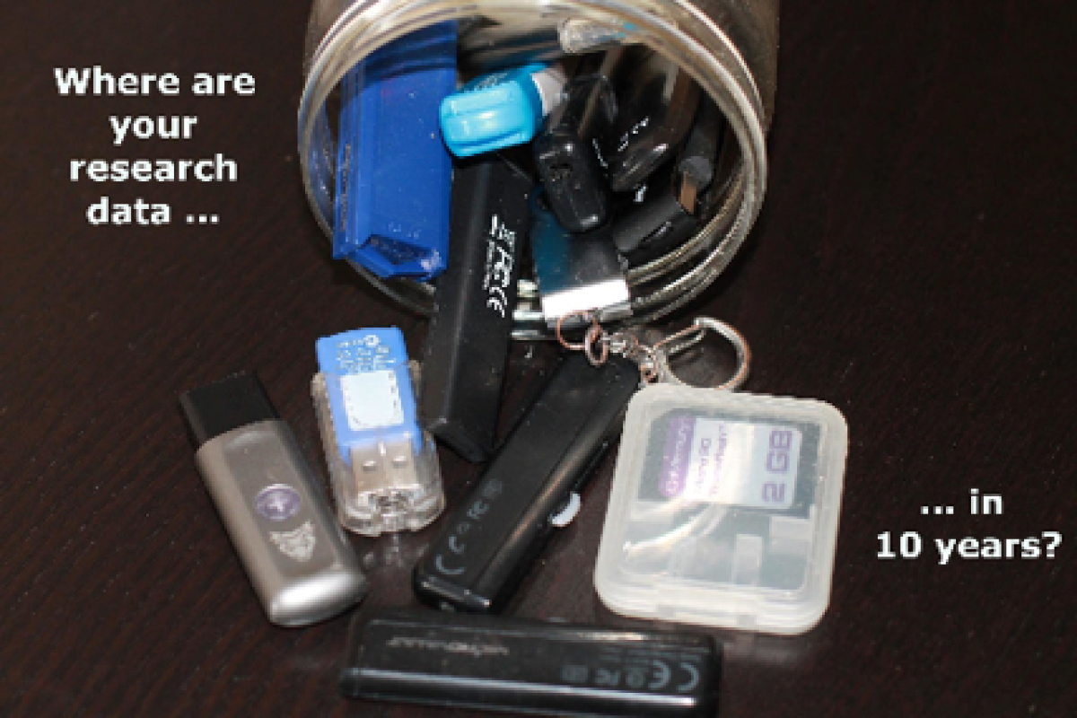 A messy collection of storage devices such as USB sticks captioned "Where are your research data in 10 years?"